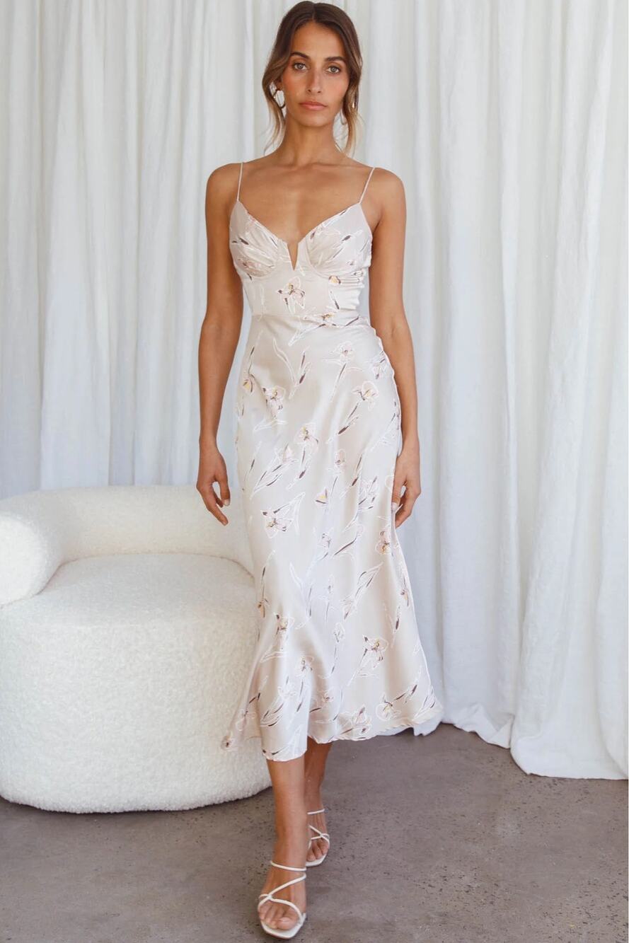 NWT Selfie Leslie LAKE COMO FITTED BODICE MIDI DRESS ORCHID PRINT BEIGE XS